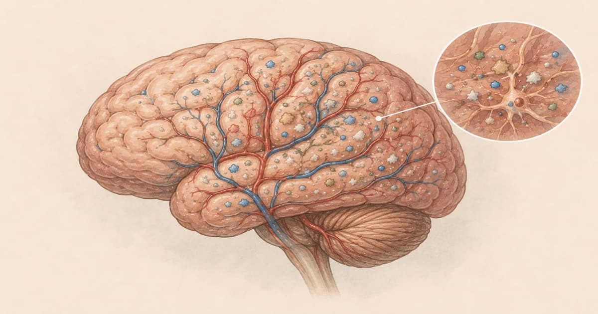 Watercolour illustration of a human brain with microplastic particles embedded in tissue