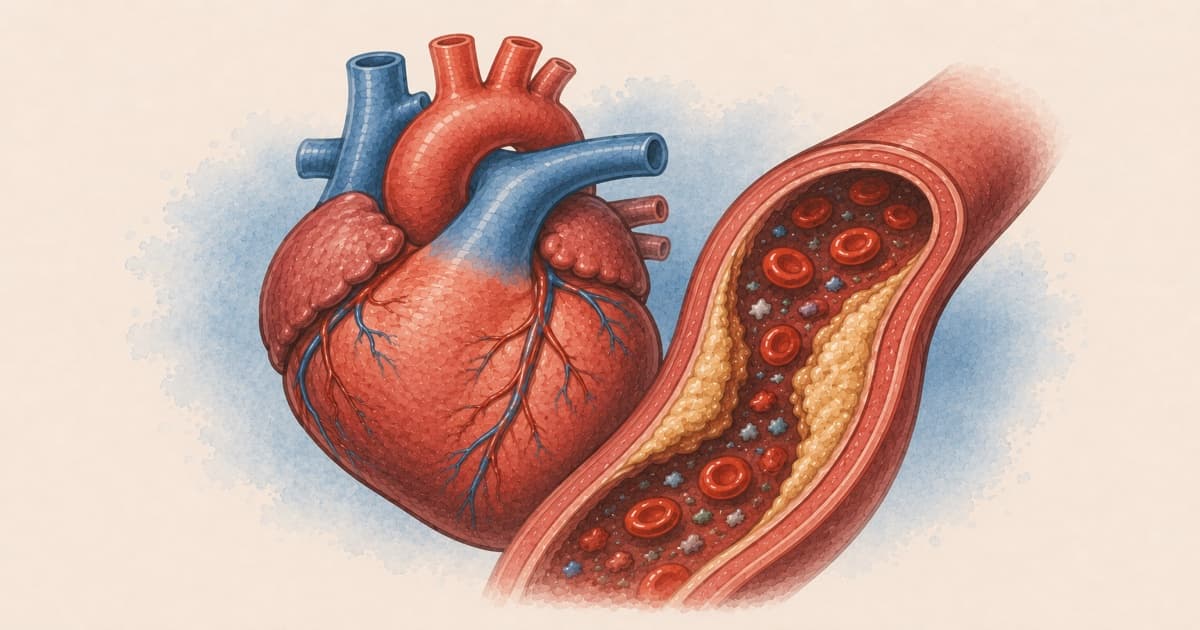 Watercolour illustration of a human heart and arterial plaque with microplastic particles