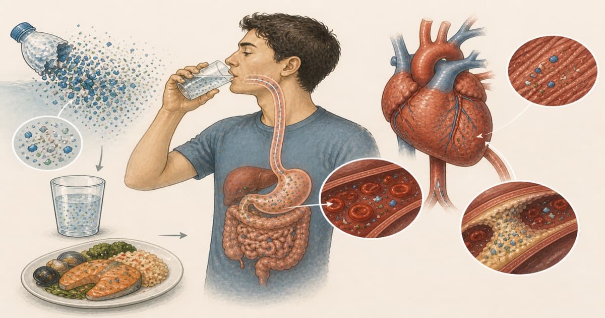 Illustration showing how microplastics enter the body through food and water and accumulate in arterial plaque