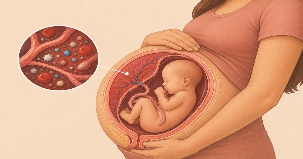 Watercolour illustration of a pregnant woman with microplastic particles visible in placental blood supply