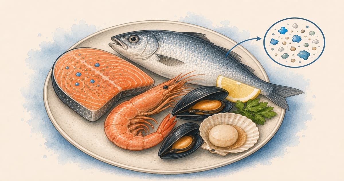 Illustration of seafood plate with salmon, fish, prawns, mussels and scallop showing microplastic contamination
