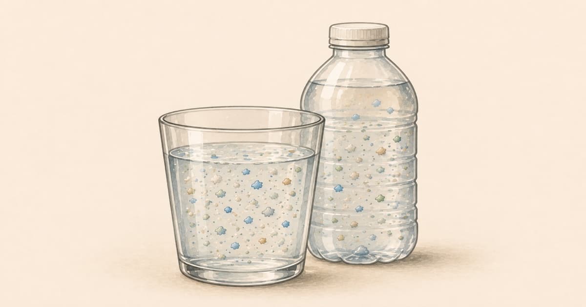Glass of water and plastic bottle containing visible microplastic particles