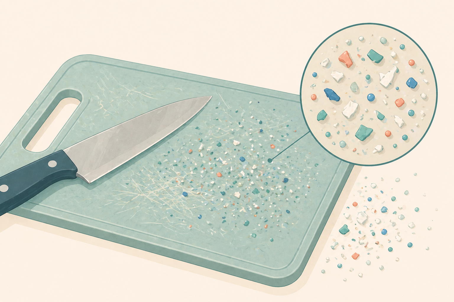 Plastic cutting board with knife marks and microplastic particles