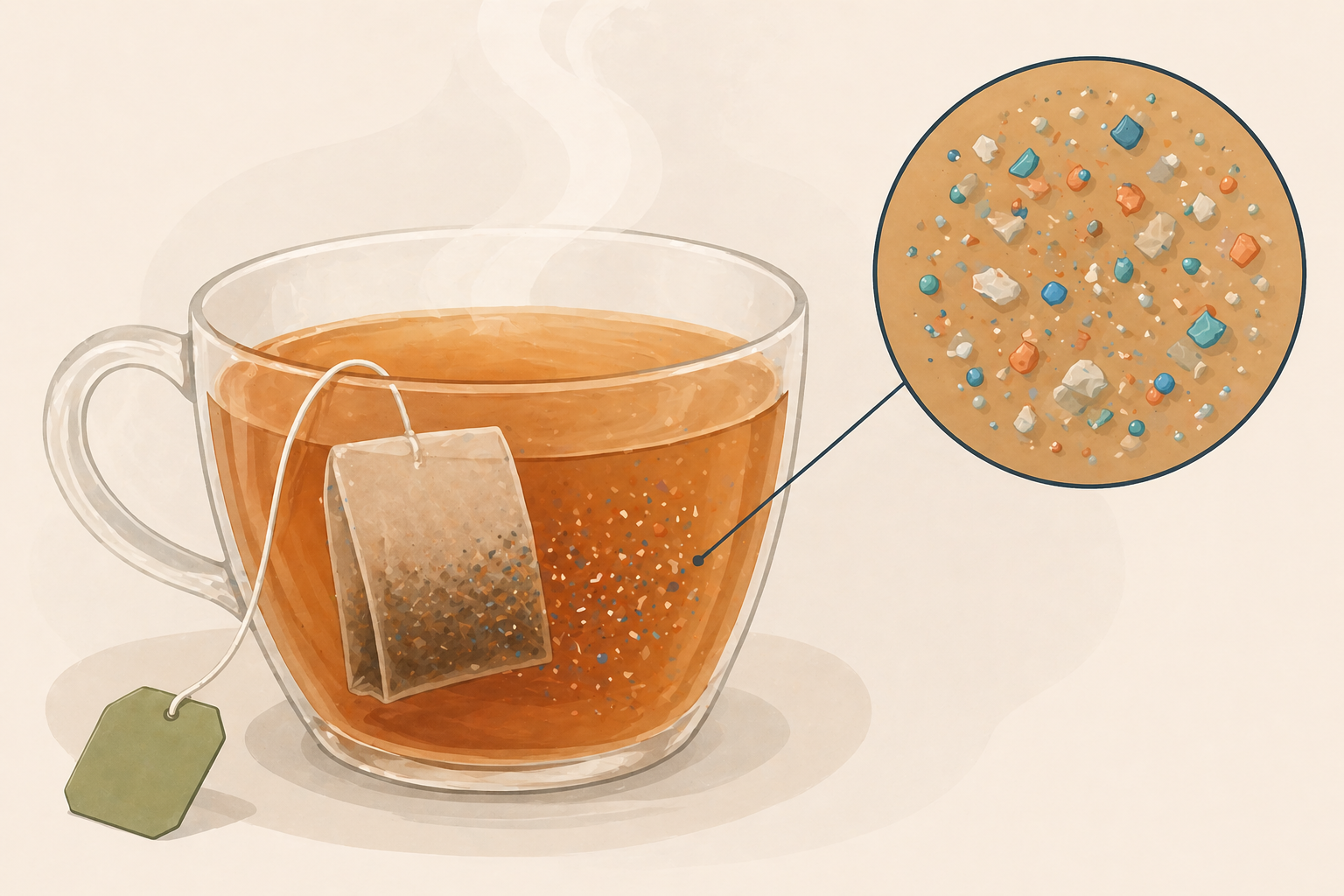 Tea bag steeping in hot water with microplastic particles